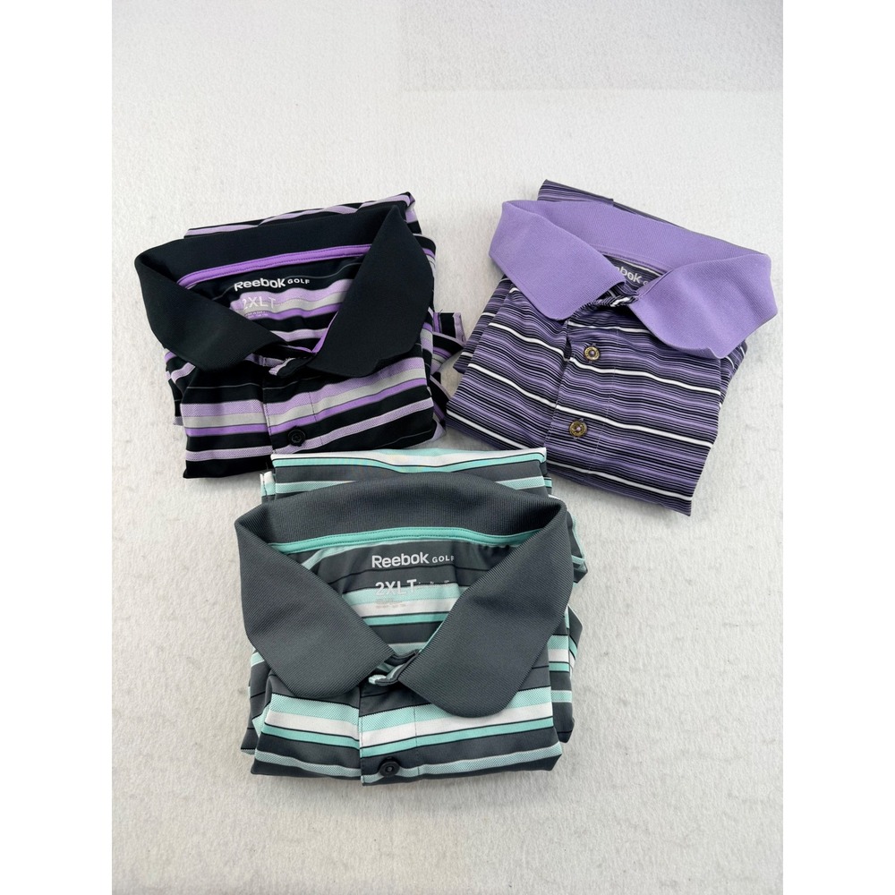 Lot of 3 Reebok Golf Men's 2XL Striped Polo Shirts Purple Black Mint